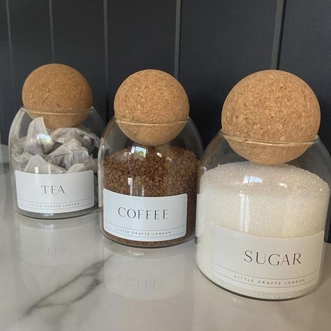 Glass Kitchen Accessories, Cork Ball Jars, Glass Jar Organization Kitchens, Coffee Bar Counter Ideas, Candy Jar Decorating Ideas, Kitchen Jar Ideas, Kitchen Items Aesthetic, Glass Jars Kitchen Counter, Glass Jars Ideas