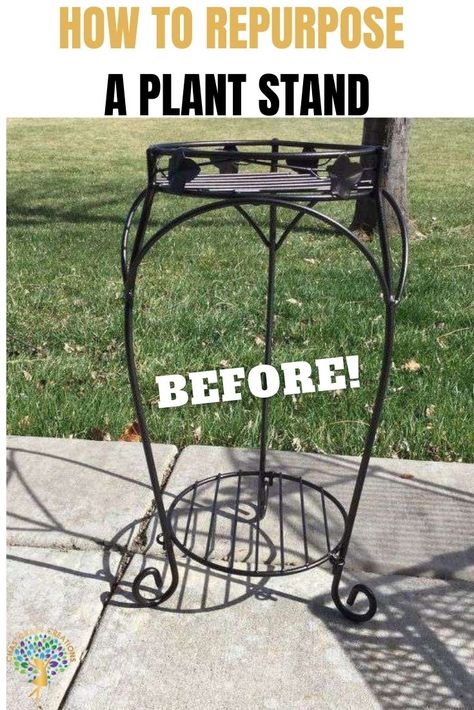 See how I repurposed a plant stand and patio furniture. The plant stand was turned into a side table. You can use these steps to update your own plant stand or patio furniture. #chascrazycreations #repurposedplantstand #patiofurnituremakeover Upcycling, Plant Stand Makeover, Outdoor Metal Plant Stands, Diy Ponds Backyard, Yard Crafts, Wrought Iron Plant Stands, Patio Furniture Makeover, Tattoo Plant, Iron Patio Furniture