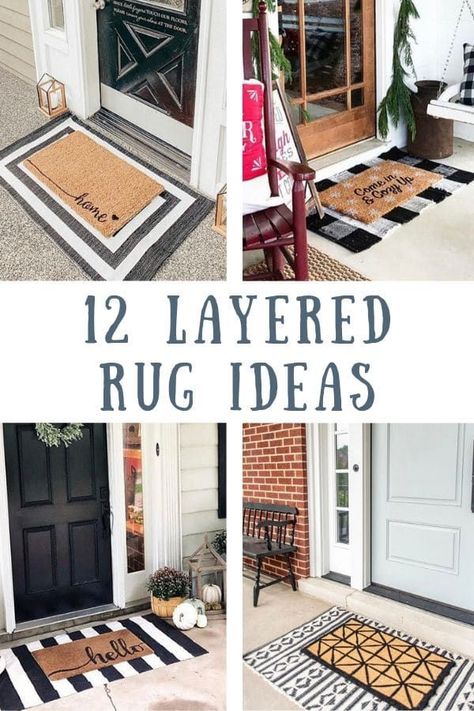 Layered rug ideas for indoors and outdoors. Find layered rugs in almost every farmhouse on the porch. Layered rugs can be used in the living room as well as by the front door. Any holiday layered rugs are perfect. When layering rugs they can be any color. Black and white, jute, grey and white or red and cream. What Size Rug For Double Front Door, Entryway Layered Rugs, Black And White Door Mat Front Porches, Farmhouse Layered Rugs, Layered Rugs Porch, Feont Door Mat, Rug On Front Porch, Layering Rugs Front Door Front Porch, Fall Front Porch Rug Ideas