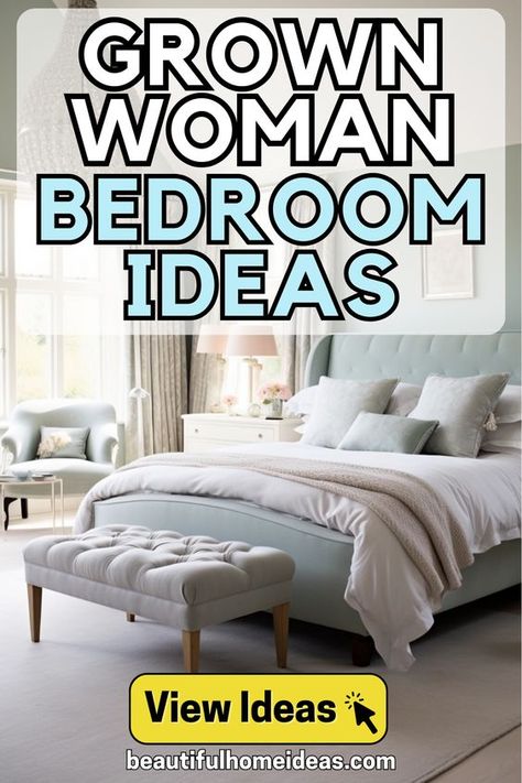 In this post, we share 14 different bedroom ideas for women. They range from cozy country styles, to modern, elegant parisian apartment bedrooms... and plenty in between! We hope there is a feminine bedroom style in there that suits your bedroom goals. Aesthetic Woman’s Bedroom, Bedroom Ideas Sophisticated, Pretty Bedding Cozy Bedroom, Bedroom Sanctuary Ideas Relaxing, Serene Master Bedrooms, Soothing Bedroom Decor, How To Design Your Bedroom, Feminine Bedrooms For Women, Elegant Bedrooms Luxury