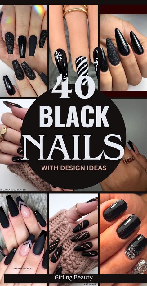 40 Black Nails Design Ideas: Elevate your manicure game with these chic and edgy black nail designs, from matte finishes to intricate art. #BlackNailArt #BlackNailsDesigb Best Black Nail Designs, Nail Art Designs With Black Polish, Hot Black Nails Acrylic, Solid Black Nail Designs, Almond Gel Nails Black, Formal Black Nails Classy, Black Nails Bride, Black Nails Goth Gothic, Black Nail Paint Ideas