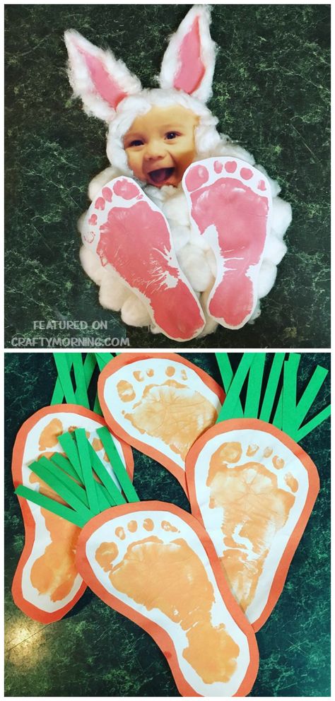 Easter footprint bunny photo keepsake craft for the kids to make! Also find footprint carrots for an easter art project. Footprint Bunny, Kunst For Barn, Påskeaktiviteter For Barn, Easter Art Project, Bunny Photo, Easter Crafts For Toddlers, Keepsake Crafts, Baby Art Projects, Footprint Crafts