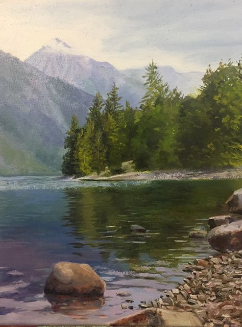 Bonito, Forest And Lake Painting, How To Draw Lake Water, Mountains Reference Photo, Mountain Painting Reference, Photo References For Drawing Landscape, Lake Michigan Painting, Landscape Lake Painting, Ocean And Mountain Painting