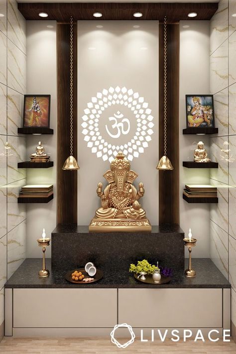 Pooja Room Vastu | 12 Tips to Fix Doshas With Mandir Direction at Home Pooja Room Ideas Indian, Pooja Door Design, Art Deco Style Interior, Indian Room, Indian Room Decor, Temple Design For Home, Hall Interior Design, Pooja Room Door Design, Pooja Room Design