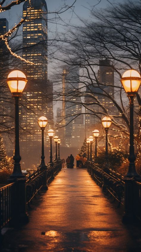 Embark on a visual journey through Central Park’s Christmas light tour in Manhattan. This enchanting display, captured in warm shades of dark orange and gold, reflects a nature-inspired aesthetic. Perfect for studyblr enthusiasts, the scene blends a nostalgic Y2K vibe with transportcore elements, creating a tapestry of romantic landscape vistas. Feel the magic of the holiday season in the heart of NYC. #CentralParkLights #Y2KChristmas #NatureInspiredHoliday Autumn Nyc Aesthetic, Central Park Painting, Nature Park Aesthetic, City Park Aesthetic, New York Central Park Aesthetic, Streetlights Aesthetic, Central Park Drawing, Nyc Winter Wallpaper, Central Park Night