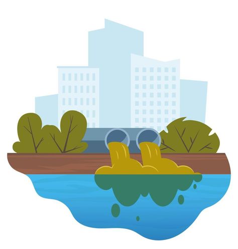 Dirty water stems from the pipe polluting the river. Discharge of liquid chemical waste. City in the background. The danger for the environment. Flat vector illustration for infographics. Chemical Waste, Drainage Ditch, Liquid Waste, Water Illustration, Water Pictures, Water Drawing, Household Waste, Water Waste, Flat Vector Illustration