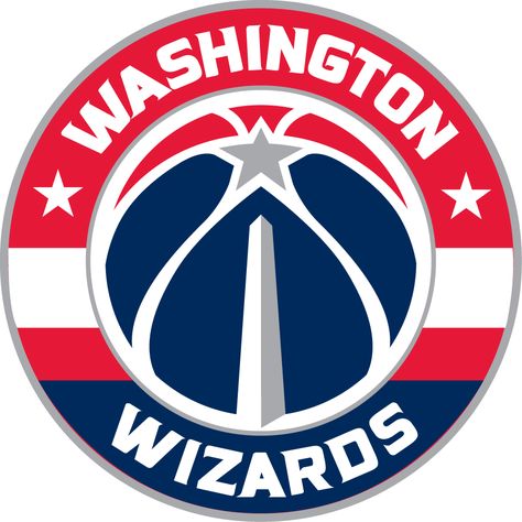 Washington Wizards Primary Logo (2015) - Roundel with team name added to previous secondary logo featuring the Washington Monument, eliminating usage of the now-defunct wizard, leaping over a moon logo. 3 stars represent DC, MD and VA. Washington Wizards, Wizards Basketball, Wizards Logo, Basket Nba, Logo Basketball, Moon Logo, Nba Logo, Fake Tattoo, Washington Capitals