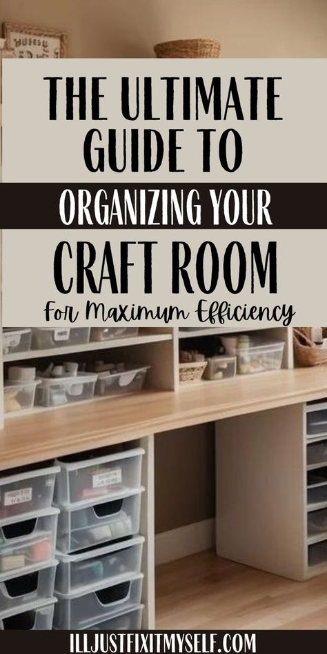 Organized craft room with neatly labeled storage bins and shelves. Organisation, Office Craft Room Storage, Multi Purpose Office And Craft Room, Small Craft Room Design Layout, Hobby Space Ideas, Lighting For Craft Room, Craft Room Desks And Storage, Gift Wrap Storage Ideas Small Spaces, Ikea Hobby Room Ideas