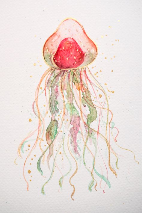 A crestive take on the usual Jellyfish, hope you like it! Full process on YouTube Strawberry Drawing, Jellyfish Illustration, Strawberry Watercolor, Watercolor Jellyfish, Jellyfish Drawing, Jellyfish Painting, Shojo Anime, Jellyfish Art, Fish Drawings