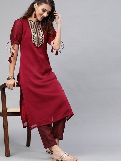 Maroon Silk blend Embroidered Kurta Pant Set - inddus-us Design, Trousers, Kurta Pant Set, Amazing Ideas, Kurta Set, Pant Set, Puff Sleeves, Silk