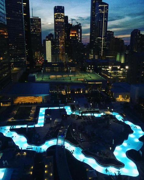 ...and it's lighted, so it looks even better after sunset. Who's excited to jump in? 2023 Manifestation, Houston Texas Skyline, Houston Travel, River Summer, Houston Hotels, Texas Beaches, Texas Destinations, Houston City, Vision Board Photos