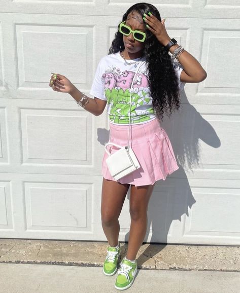 Outfit With Chlorophyll Dunks, Birthday Outfits 13-15, 15 Birthday Outfit Ideas For School, Back To School Outfits With Skirts, Going To The Store Outfit, Birthday Outfits For 13 Year Girl, French Blue 13s Outfit, 13th Birthday Fits, Pink Birthday Outfit For School