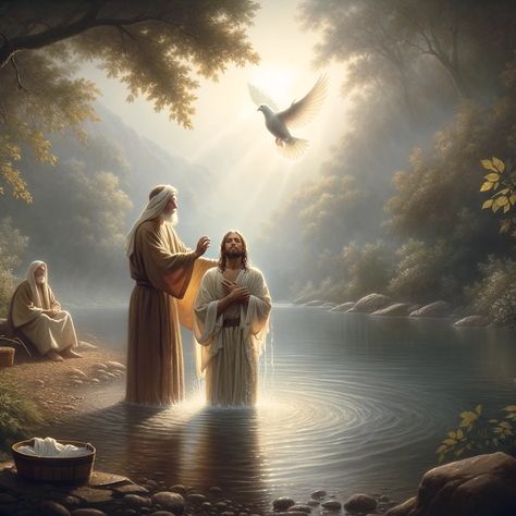 A serene riverside scene during the historical period of John the Baptist, depicting John in traditional, modest attire, baptizing Jesus in the river. The atmosphere is calm and spiritual. Above Jesus, a representation of the Holy Spirit, perhaps as a gentle dove, descends gracefully, symbolizing the divine moment. The lighting is soft, with rays of sunlight filtering through the trees,... Jesus Baptised, Holy Spirit Art, Biblical Artwork, Getting Baptized, Gospel Of John, Cristo Rey, Jesus Artwork, The Gospels, Jesus Christ Artwork