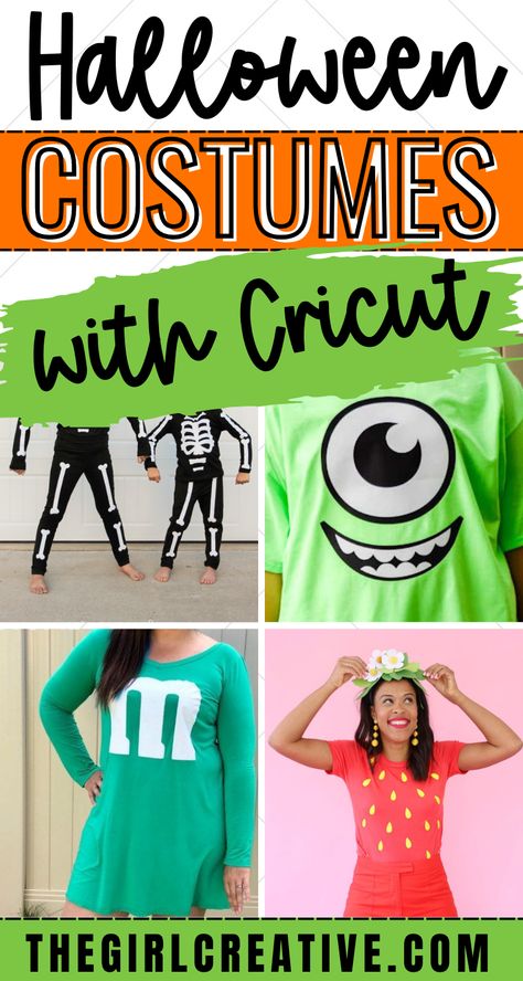 DIY Halloween costumes that you can make with Cricut or Silhouette Cricut Costumes Diy, Easy T Shirt Halloween Costumes, Circuit Halloween Costume, Halloween Shirt Costume Ideas, Easy Tshirt Halloween Costumes Diy, Easy Cricut Halloween Decorations, Easy Cricut Halloween Costumes, Cricut Halloween Costume Ideas, Cricut Halloween Costumes