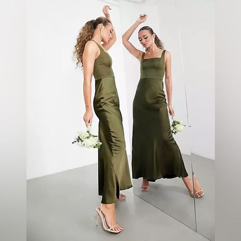 New With Tags, Never Worn, Satin Maxi Dress From Asos Edition. Gorgeous Olive Green With A Pleasing Square Neckline. Great For Evening Wear, Special Occasions And Bridal Events! Marked As 50% Off From Original Price. Green Dress Formal, Olive Green Maxi Dress, Square Neck Maxi Dress, Olive Maxi Dress, Olive Green Bridesmaid Dresses, Square Neckline Dress, Bridesmaid Satin, Formal Dress Code, Sage Bridesmaid Dresses