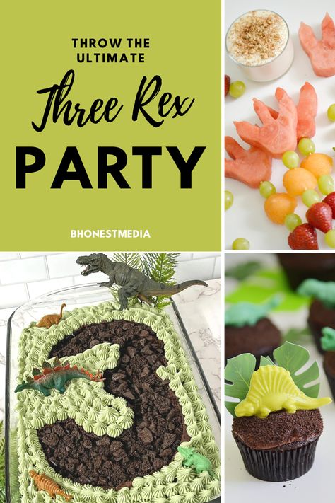 Throw your 3 year old the ultimate Three Rex birthday party with these dinosuar theme ideas. Three Rex Party Games, Three Rex Birthday Party Favors, Dino Themed 3rd Birthday, T Rex 3rd Birthday, Three Rex Birthday Food, 3year Birthday Party Ideas Boy, Three Rex Party Ideas, Young Wild And Three Dinosaur Birthday, 3 Year Dinosaur Birthday Party