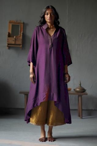 Shop for Shorshe Clothing Gold Raw Silk Asymmetric Kurta And Farshi Pant Set for Women Online at Aza Fashions Raw Silk Kurta Designs Women, Shorshe Clothing, Satin Kurta, Asymmetric Kurta, Silk Pant, Pant Set For Women, Kurta Designs Women, Embroidered Neckline, Kurta Designs