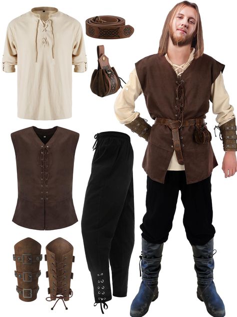 PRICES MAY VARY. Rich Matching: 6 pcs medieval renaissance costume men includes knight cotton linen sleeve shirt, renaissance pants, medieval pirate waistcoat, viking belt, Halloween faux leather arm guards, pouch, creating a medieval look, suitable for many styles, very suitable for a Halloween cosplay party Fits Size: our Halloween medieval shirt pant vest features a regular fit for an easy fit, adjustable ties at the ankle of the pant, low crotch and full leg for mobility and comfort, availab Medieval Vest, Medieval Clothing Men, Medieval Pirate, Medieval Shirt, Medieval Outfit, Viking Belt, Medieval Party, Viking Shirt, Leather Waistcoat