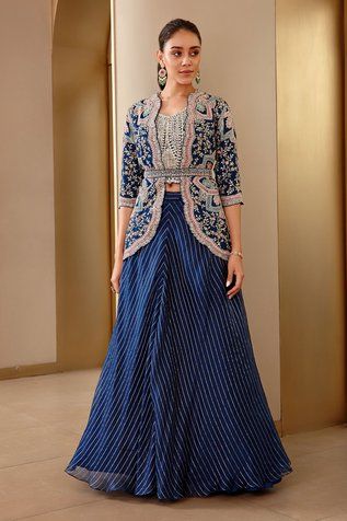 Osaa by Adarsh | Designer Sarees, Gowns, Lehengas | Aza Fashions Flared Lehenga, Jacket Lehenga, Organza Jacket, Joy Dress, Blue Organza, Floral Lehenga, Embroidered Gown, Kurta Sets, Party Wear Indian Dresses