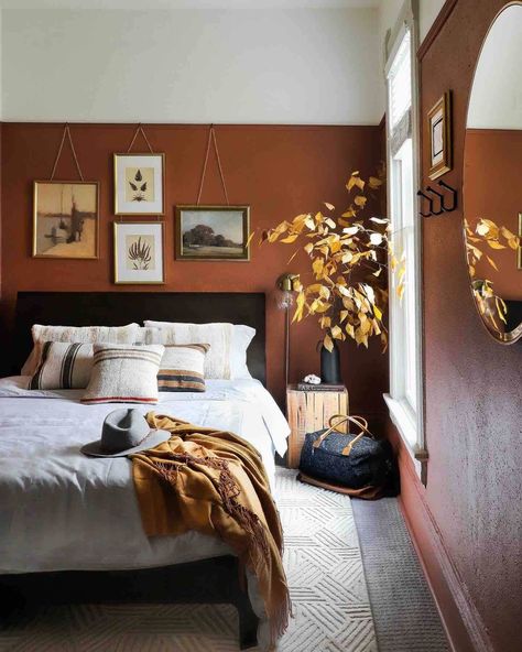 Two-Tone Walls Ideas: Create A Color Blocking Accent Wall 13 Copper Accent Wall Bedroom, Wall Half Painted Bedrooms, Statement Wall Bedroom Paint, Accent Wall Color Block, Two Toned Wall Paint, Color Blocking Accent Wall, Rust Bedroom Walls, Two Tones Wall Paint, Half Painted Bedroom