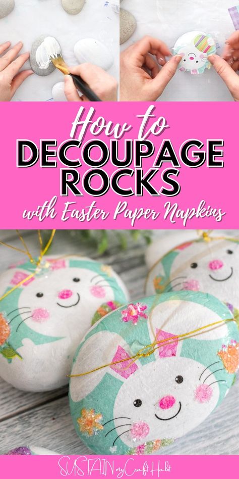 Decoupage Rocks, Diy Easter Decor, Easter Decor Ideas, Mod Podge Crafts, Bunny Napkins, Easter Decorating, Decoupage Glass, Napkin Decoupage, Decoupage Diy
