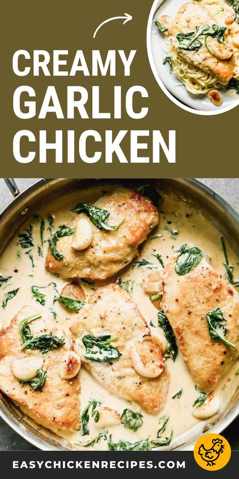 I can't get enough of this 30-minute creamy garlic chicken recipe, made with heavy creamy, white wine, fresh spinach, and lots of garlic! Tender, juicy chicken breasts are cooked to crispy perfection on the stovetop in a creamy garlic sauce that's lip-smacking good. This is a restaurant quality meal that's easy enough to make for weeknight dinners with the family! Garlic Parsley Chicken, Chicken Recipes Using Heavy Cream, Chicken With Garlic Cream Sauce, Creamy White Sauce For Chicken, Creamy Chicken Recipes Baked, Stovetop Chicken Breast Recipes, Low Sugar Chicken Recipes, Chicken Breast Recipes With Spinach, White Wine Chicken Recipes