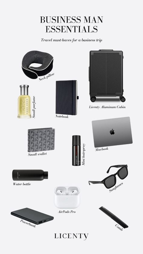 Licenty Business Man Travel Essentials - Elevate Your Business Trip Organisation, Luggage Essentials, Guys Grooming, Man Travel, Everyday Bag Essentials, Life Essentials, Small Business Trends, Cool Rings For Men, Small Business Instagram