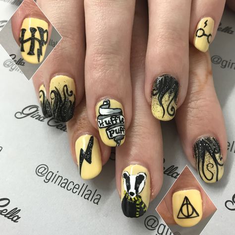 Flashback to these amazing Hufflepuff nails I did for my favorite Hufflepuff. #handpaintednailart #harrypotternails #hufflepuff Harry Potter Nails Hufflepuff, Hufflepuff Nails, Protein For Hair, What Is Protein, Harry Potter Nails Designs, Mc Nails, Potter Nails, Harry Potter Nail Art, Acrylic Nail Designs Classy
