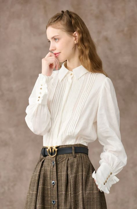 Tops – Linennaive Victorian Shirt, Jo March, Striped Linen Dress, White Linen Shirt, Linen Fashion, Fair Lady, Shirt Skirt, Wool Skirts, Wool Dress
