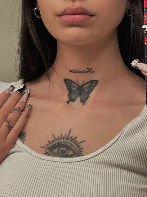 Woman Neck Tattoo Ideas, Women Throat Tattoo Small, Butterfly Tattoo On Throat For Women, Neck Tattoos Women Front Throat, Heart On Throat Tattoo, Under Throat Tattoo, Chest Tattoos Girls, Lower Throat Tattoo, Dainty Throat Tattoos For Women