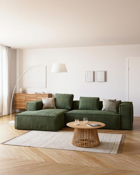 Scandinavian Living Room Sofa, Green Couch Minimalist, Living Room Design With Green Sofa, Dark Blue And Beige Living Room, Green Sofa Living Room Ideas Decor, Living Room Designs Green Sofa, Green Modern Sofa, Green Sofa Interior, Cord Couch