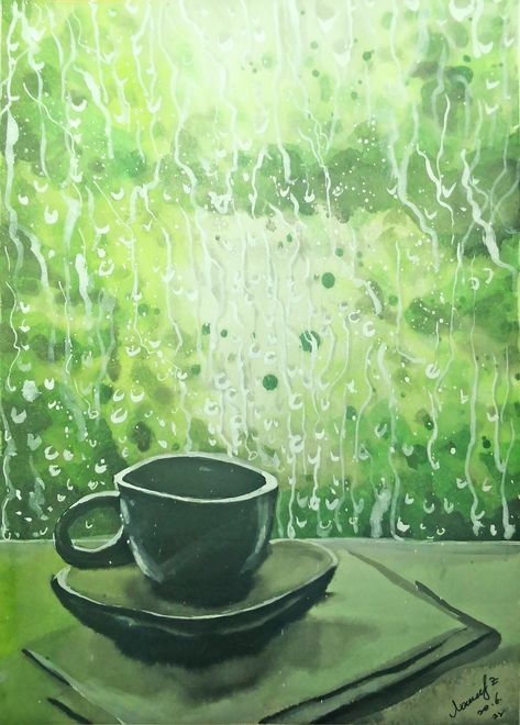 How to draw watercolor coffee and rain outside the window step by step tutorial easy Rainy Window Watercolor Painting, Raining Window Drawing, Rainy Window Illustration, How To Paint Rain Watercolor, Rain Window Illustration, Rain Drawing Sketches Rainy Days, Rain Abstract Painting, Rain On Window Drawing, Rainy Day Illustration Art