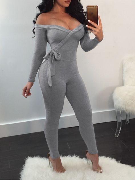 Off Shoulder Tied Waist Jumpsuit (S/M/L/XL) $31.99 Tie Waist Jumpsuit, Flare Jumpsuit, Jumpsuit With Sleeves, Long Sleeve Lace, Shoulder Sleeve, Pattern Fashion, Jumpsuits For Women, Jumpsuit Romper, Light Grey