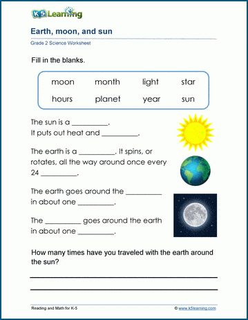 Earth, moon, and sun worksheets - A fill in the blanks exercise about the orbits of the earth around the sun and the moon around the earth. Free | Printable | Grade 2 | Science | Worksheets Earth Free Printable, Grade 2 Science Worksheets, Moon For Kids, Worksheet For Class 2, All About Earth, Sun Activity, Grade 2 Science, Grade 3 Science, Earth Sun And Moon