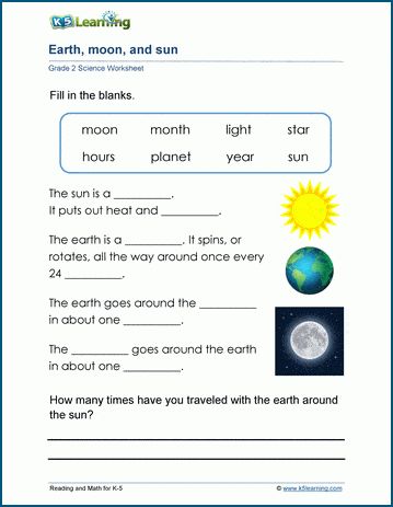 Earth, moon, and sun worksheets - A fill in the blanks exercise about the orbits of the earth around the sun and the moon around the earth. Free | Printable | Grade 2 | Science | Worksheets Earth Free Printable, Grade 2 Science Worksheets, Sun Worksheet, Worksheet For Class 2, Grade 2 Science, Earth Sun And Moon, Worksheets For Class 1, About Moon, Moon Earth