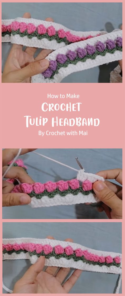 The Crochet Tulip Headband by Crochet with Mai is a must-have accessory for anyone who wants to add elegance and style to their outfits. Visit her channel today and make your own Crochet Tulip Headband to complete your fashion repertoire. Tulip Book Sleeve Crochet Pattern, Crochet Tulip Garland, Tulip Headband Crochet Pattern, Small Tulip Crochet Pattern, Crochet Headband Tulip, Flower Crown Crochet Pattern Free, Crochet Flowers For Headbands, Crochet Flower Headband Pattern, Simple Crochet Headband Pattern Free