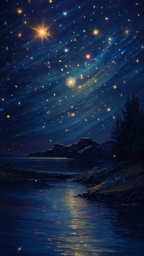 Free background 4k, hd wallpaper night sky, stars, lake, trees, paint, art, background hd for pc & mobile Stary Night Painting, Decorate Front Porch, Wallpaper Night Sky, Night Sky Drawing, Starry Night Background, Starry Night Wallpaper, Wallpaper Night, Stary Night, Night Sky Art