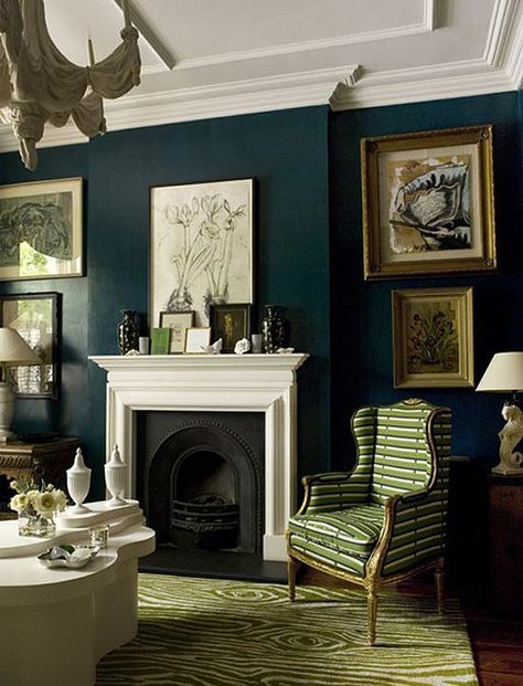 home dark blue living room...something romantic and manly about this room...I'm thinking office... Painted Peacock, Dark Blue Living Room, Teal Living Rooms, Dark Green Walls, Dark Blue Walls, Teal Walls, Dark Walls, Living Room Green, Rich Green