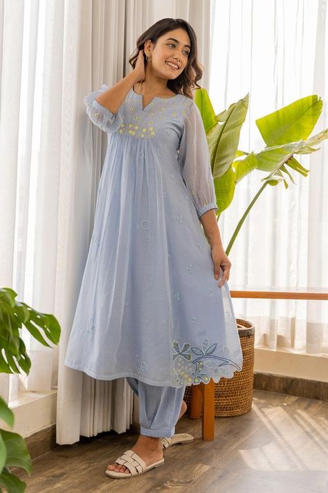 Pleated Kurta Designs, Puff Sleeves Kurta Set, Round Kurti Pattern, Sky Blue Dress Indian, Front Pleated Kurti Designs, Dress Hand Designs Pattern, Sky Blue Suits Women Indian, Round Kurti Design, Stylish Kurta Designs Women