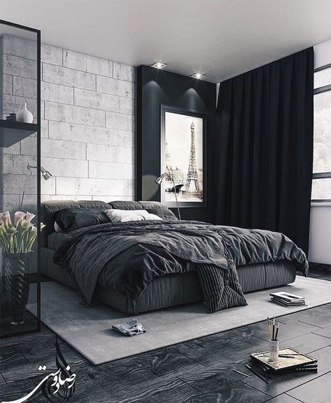 Bilik Tidur Lelaki, Bilik Lelaki, Bilik Tidur Minimalis, Black Modern Bedroom, Bilik Tidur Kecil, Bilik Tidur Mewah, Men’s Bedroom Ideas, Idea Bilik Tidur, Reka Bentuk Bilik Tidur