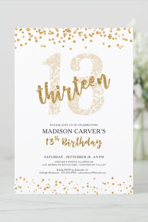 Modern Gold Glitter Confetti 13th Birthday Invitation Faux gold glitter design with modern handwritten brush script typography for a 13 year old's birthday party and a gold sparkle confetti border #birthday #happybirthday #birthdaycards #birthdayparty #13thbirthday #elegant #minimalist Sparkle Birthday Invitations, White And Gold Birthday Invitations, 13th Birthday Invitations Girl, 13th Birthday Party Invitations, Golden Birthday Themes, Birthday Sleepover Ideas, 13th Birthday Invitations, Birthday Sleepover, Sparkle Birthday