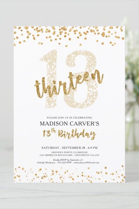 Modern Gold Glitter Confetti 13th Birthday Invitation Faux gold glitter design with modern handwritten brush script typography for a 13 year old's birthday party and a gold sparkle confetti border #birthday #happybirthday #birthdaycards #birthdayparty #13thbirthday #elegant #minimalist White And Gold Birthday Invitations, 13th Birthday Invitations Girl, 14th Birthday Invitations, 13th Birthday Party Invitations, Golden Birthday Themes, Birthday Sleepover Ideas, 13th Birthday Invitations, Birthday Sleepover, Gold Glitter Confetti