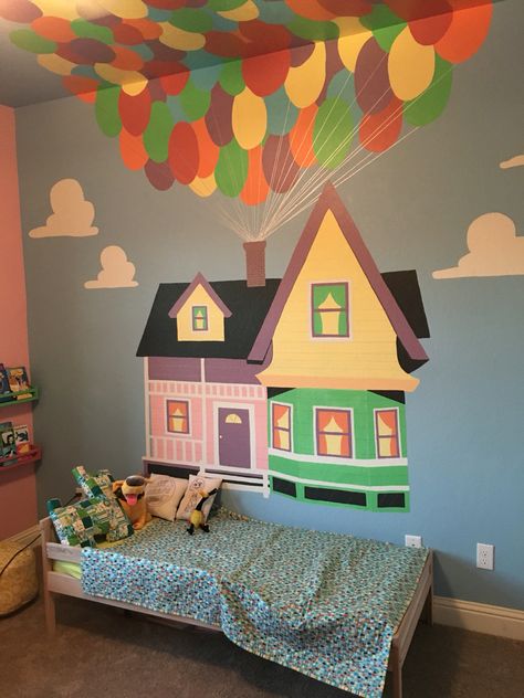 Ellie's Pixar Up themed nursery turned big girl room.  Repainted at our new house. Disney Up Room, Disney Up Bedroom Ideas, Disney Up Bedroom, Up Room Decor Disney, Pixar Up Nursery, Pixar Room Decor, Pixar Nursery Ideas, Up Theme Nursery, Up Nursery Theme Pixar