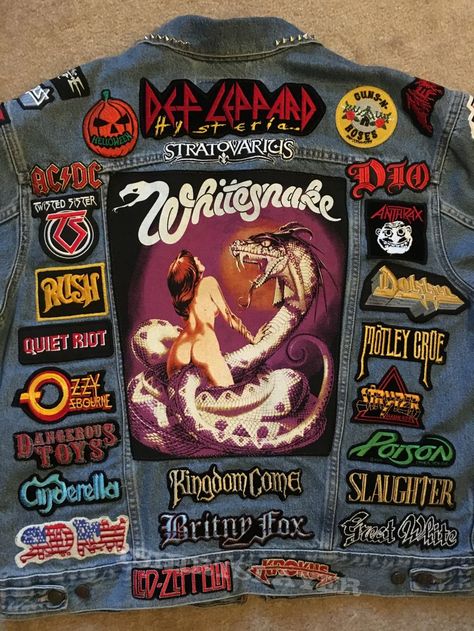 80's Hair Band & Current Power Metal Tribute Battle Jacket Patchwork, 80's Hair, Battle Jackets, Battle Vest, 80s Hair Metal, Cultura Punk, Metal Baby, Metal Outfit, Hair Metal Bands