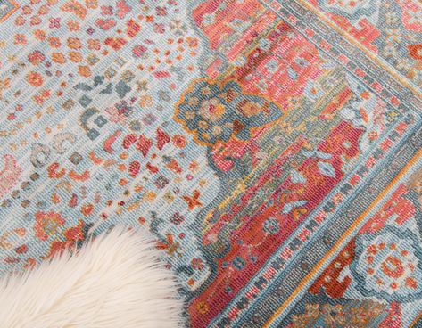 Coral And Turquoise Bedroom, Powder Blue Bedroom, Coral Living Rooms, Coral Rug, Bedroom Orange, Turquoise Rug, Light Blue Rug, Orange Decor, Light Blue Area Rug