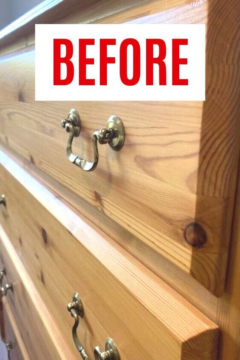 Check out the before and after rustic dresser upcycle idea. Decorate your bedroom on a budget with this easy furniture flip of a thrift store dresser. Dresser With Finger Pulls, Refinished Dresser With Wallpaper, How To Redo A Dresser Step By Step, Refinished Dresser Nursery, Update Drawer Pulls, Natural Dresser Makeover, Changing Hardware On Dresser, Adding Trim To Dresser, Old Dresser New Hardware