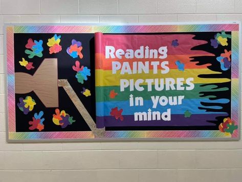 Rainbow Reading Bulletin Board, Bulletin Board Ideas For Middle School Library, Easy Library Bulletin Board Ideas, Biography Library Display, Reading Rainbow Bulletin Board, High School Library Bulletin Board Ideas, Elementary Library Bulletin Board Ideas, Cool Bulletin Boards, Book Bulletin Board