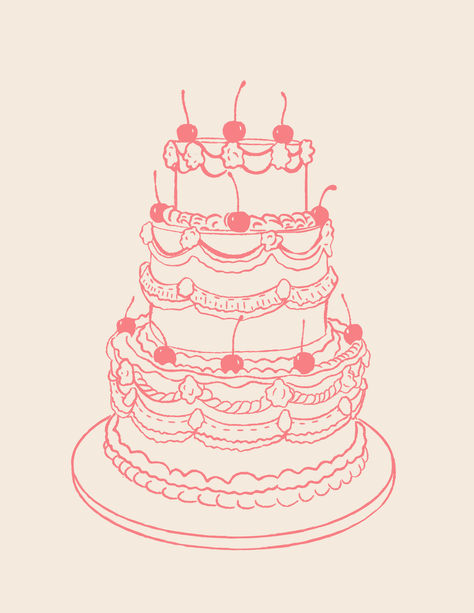 Classic wedding cake illustration with three tiers and cherries on top #weddingcake #weddingartist #illustration #weddingillustration #cakeillustration #cakedrawing Wedding Cute Illustration, Wedding Cake Stickers, 3 Tier Cake Drawing, Cherry Cake Illustration, Wedding Cake Sketch, Wedding Cake Doodle, Birthday Cake Graphic Design, Shes The Cherry On Top, Cake Shop Illustration