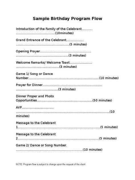 Sample Program Flow- Birthday - Download as Word Doc (.doc / .docx), PDF File (.pdf), Text File (.txt) or read online. Birthday Party Program Outline, 70th Birthday Party Program Ideas, Birthday Party Schedule Timeline, Retirement Party Program Agenda, 1st Birthday Party Program Flow, Program For Birthday Party, 18th Birthday Program Flow, 50th Birthday Program Flow, 50th Birthday Party Program Ideas