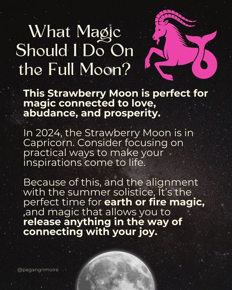 June's Full Strawberry Moon is a great time for spellwork tied to love and prosperity. Here are the correspondences and how to do a Full Moon ritual for it. #fullmoon #strawberrymoon #witchcraft Strawberry Moon Ritual 2024, Full Moon Ritual For Couples, Summer Solstice Full Moon Ritual, Full Moons Of 2024, Strawberry Full Moon Ritual, Strawberry Full Moon 2024, Strawberry Moon Ritual, Strawberry Moon Meaning, Full Moon Ritual Spells